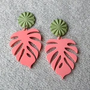 Pink and Green Palm Leaf Earrings, Tropical Palm Leaf Earrings , Monstera Leaf Earrings , Statement Earrings, Lightweight Earrings