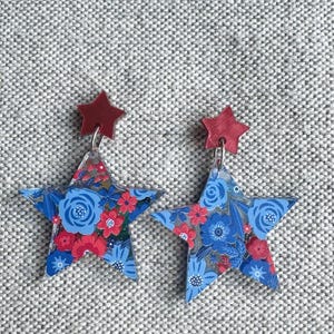Red and Blue Floral Acrylic Earrings, Red Floral Earrings, Star Earrings, Statement Earrings, Lightweight Earrings, Flower Earrings