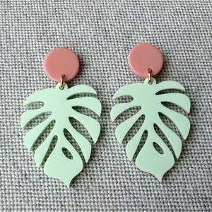 Pink and Green Palm Leaf Earrings, Tropical Palm Leaf Earrings , Monstera Leaf Earrings , Statement Earrings, Lightweight Earrings
