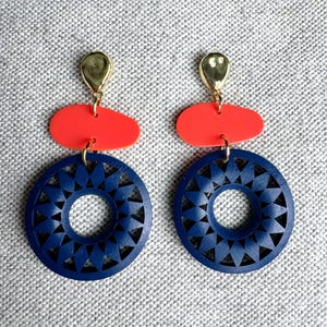 Navy Blue and Orange Beaded Earrings, Blue and Orange Earrings, Blue and Orange Drop Earrings, Navy Wooden Earrings, Auburn Earrings