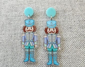 Nutcracker Earrings, Holiday Earrings, Christmas Earrings, Blue Nutcracker Earrings, Acrylic Earrings, Lightweight Earrings
