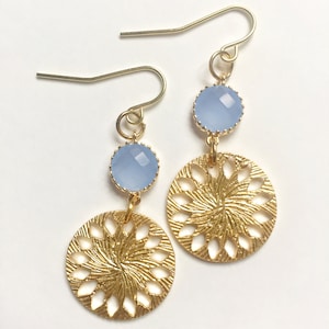 Light Blue Gold Disc Earrings, Gold Drop Earrings, Light Blue Glass Earrings, Gold Circle Earrings, Gold Earrings, Disc Earrings