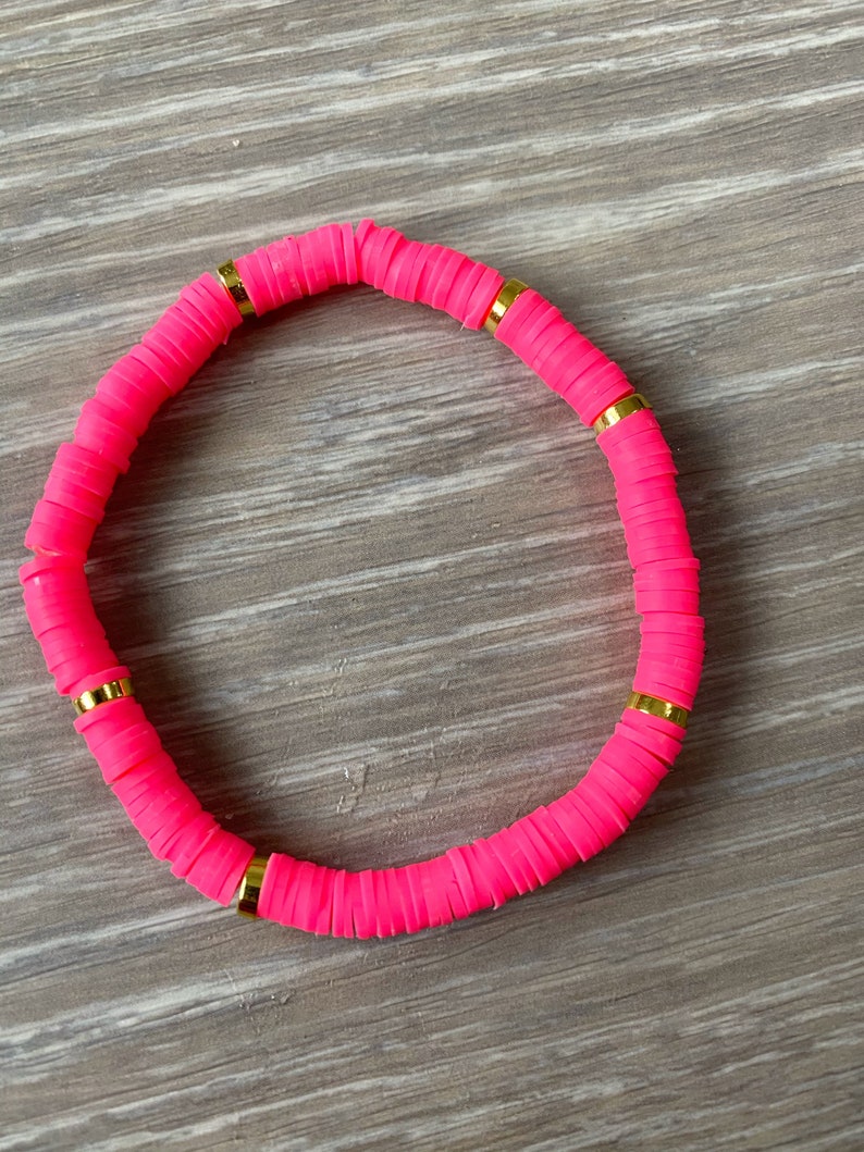 Pink Vinyl Heishi Bead Bracelet Pink Beaded Bracelet Pink and Gold Bracelet Pink Bead Bracelet Neon Pink Vinyl Bracelet