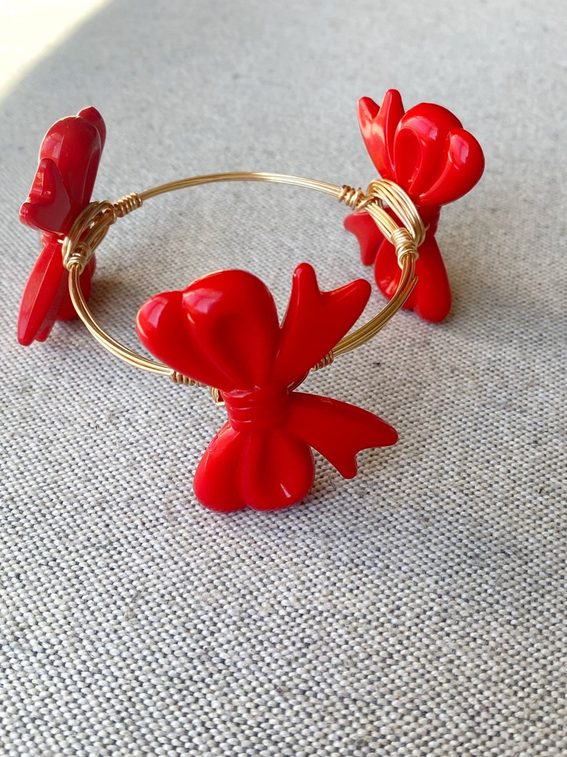 Red Acrylic Bow Bangle, Red Bangle, Red Acrylic Bangle, Gold Wire Wrap ...