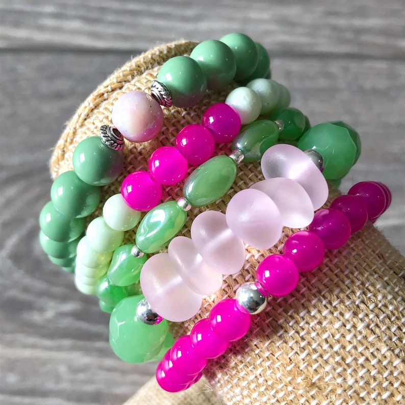 Pink and Green Bracelet Pink and Green Beaded Bracelet Pink Etsy