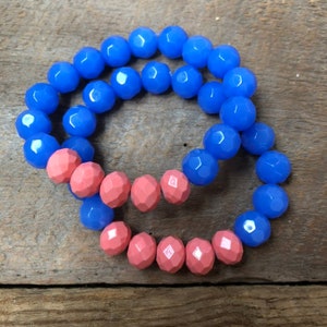 Blue and Pink Beaded Bracelet, Blue and Coral Bracelet, Blue Bead Bracelet, Pink Bead Bracelet