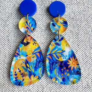 Blue and Yellow Acrylic Earrings, Blue and Yellow Earrings, Blue Earrings, Statement Earrings, Lightweight Earrings, Yellow Earrings