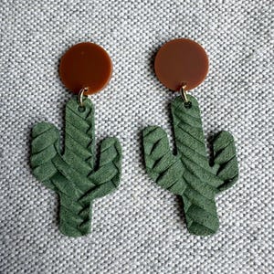 Green Cactus Leather Earrings, Green Earrings, Cactus Earrings, Leather Earrings, Lightweight Earrings, Green and Brown  Earrings
