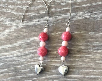 Silver Heart Earrings, Pink Bead Earrings, Pink and Silver Earrings, Heart Earrings, Valentines Earrings, Valentines Jewelry