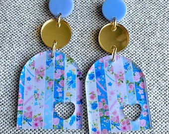 Blue and Pink Floral Acrylic Earrings, Lightweight Earrings, Statement Earrings, Blue and Pink Earrings, Floral Earrings