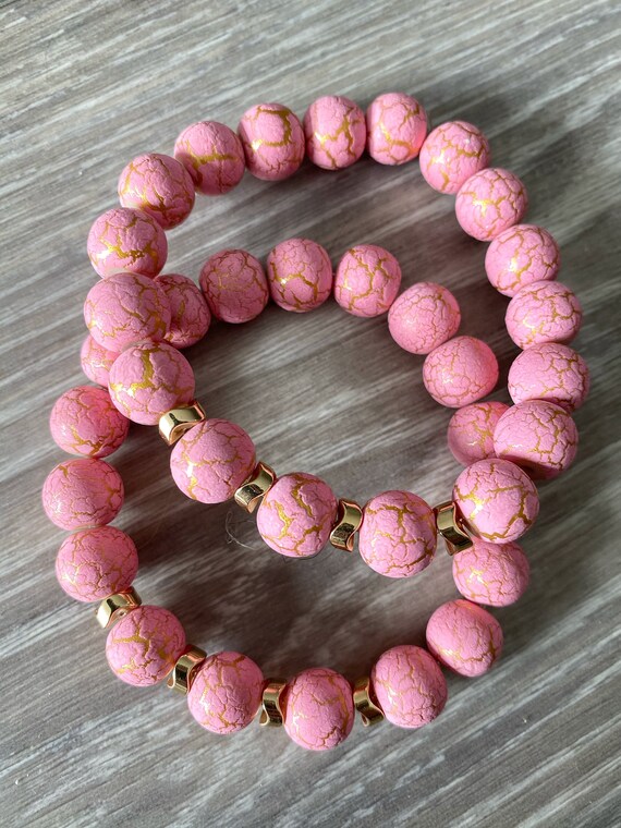 Pink and Gold Beaded Bracelet, Pink Bracelet, Pink Bead 