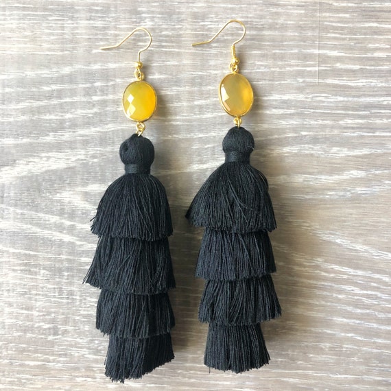 Black tiered tassel earrings hot sale