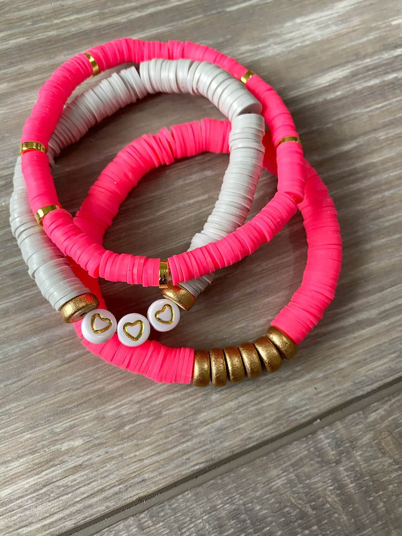 Pink Vinyl Heishi Bead Bracelet Pink Beaded Bracelet Pink and Gold Bracelet Pink Bead Bracelet Neon Pink Vinyl Bracelet