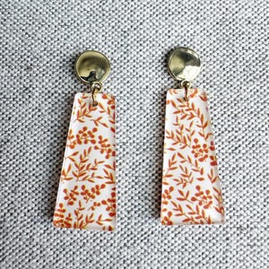Orange Floral Acrylic Earrings, Orange Earrings, Statement Earrings, Floral Earrings,  Orange and White Earrings
