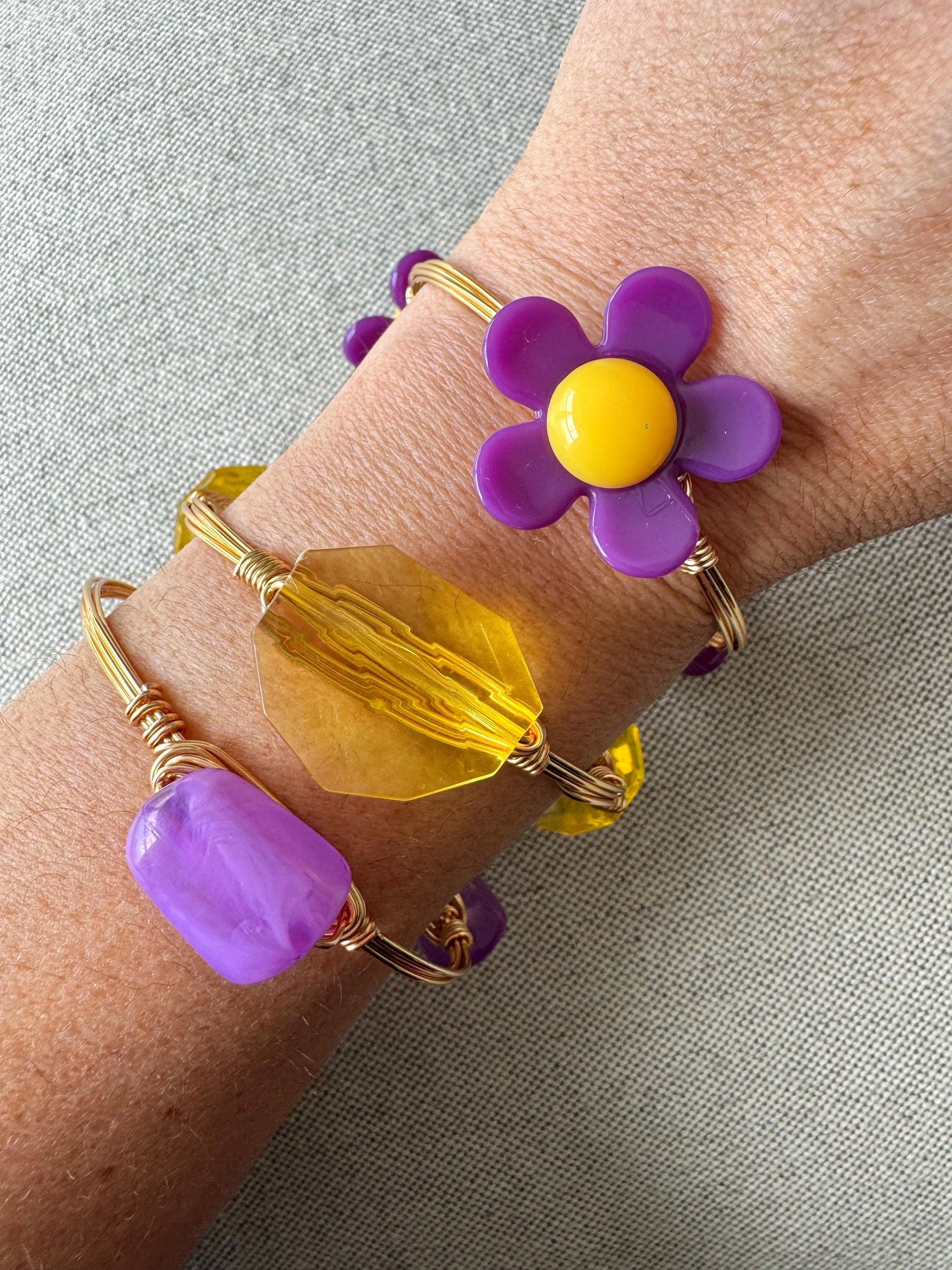 Yellow Acrylic Wire Wrap Bangle, Yellow Bead Bangle, Yellow Acrylic Bangle, Bourbon and Boweties Inspired, Yellow Bangle