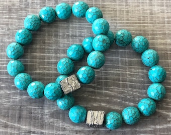 Turquoise Bracelet, Turquoise Bead Bracelet, Turquoise and Silver Bracelet, Pyrite Bracelet, Stackable Bracelet