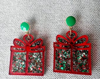 Röda och gröna örhängen, julklappsörhängen, lätta örhängen, julörhängen, högtidsörhängen, röda och gröna presentörhängen