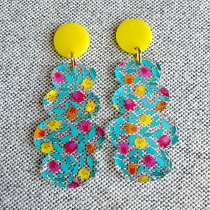 Yellow Floral Acrylic Earrings, Yellow and Pink Earrings, Lightweight Earrings, Yellow Acrylic Earrings, Floral Earrings