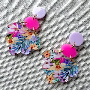 Pink and Purple Earrings, Acrylic Earrings, Lightweight Earrings, Statement Earrings, Purple Earrings, Floral Earrings