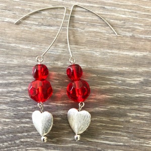 Heart Earrings, Silver Heart Earrings, Red Heart Earrings, Valentines Earrings, Valentines Jewelry