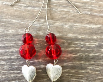 Heart Earrings, Silver Heart Earrings, Red Heart Earrings, Valentines Earrings, Valentines Jewelry