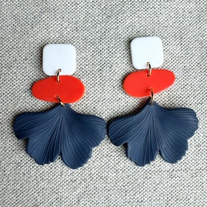Navy Blue and Orange Beaded Earrings, Blue and Orange Earrings, Blue and Orange Drop Earrings, Navy Ginkgo Earrings, Auburn Earrings
