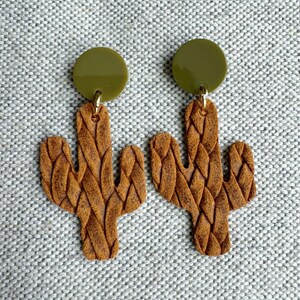 Brown Cactus Leather Earrings, Brown Leather Earrings, Cactus Earrings, Leather Earrings, Lightweight Earrings, Green and Brown  Earrings