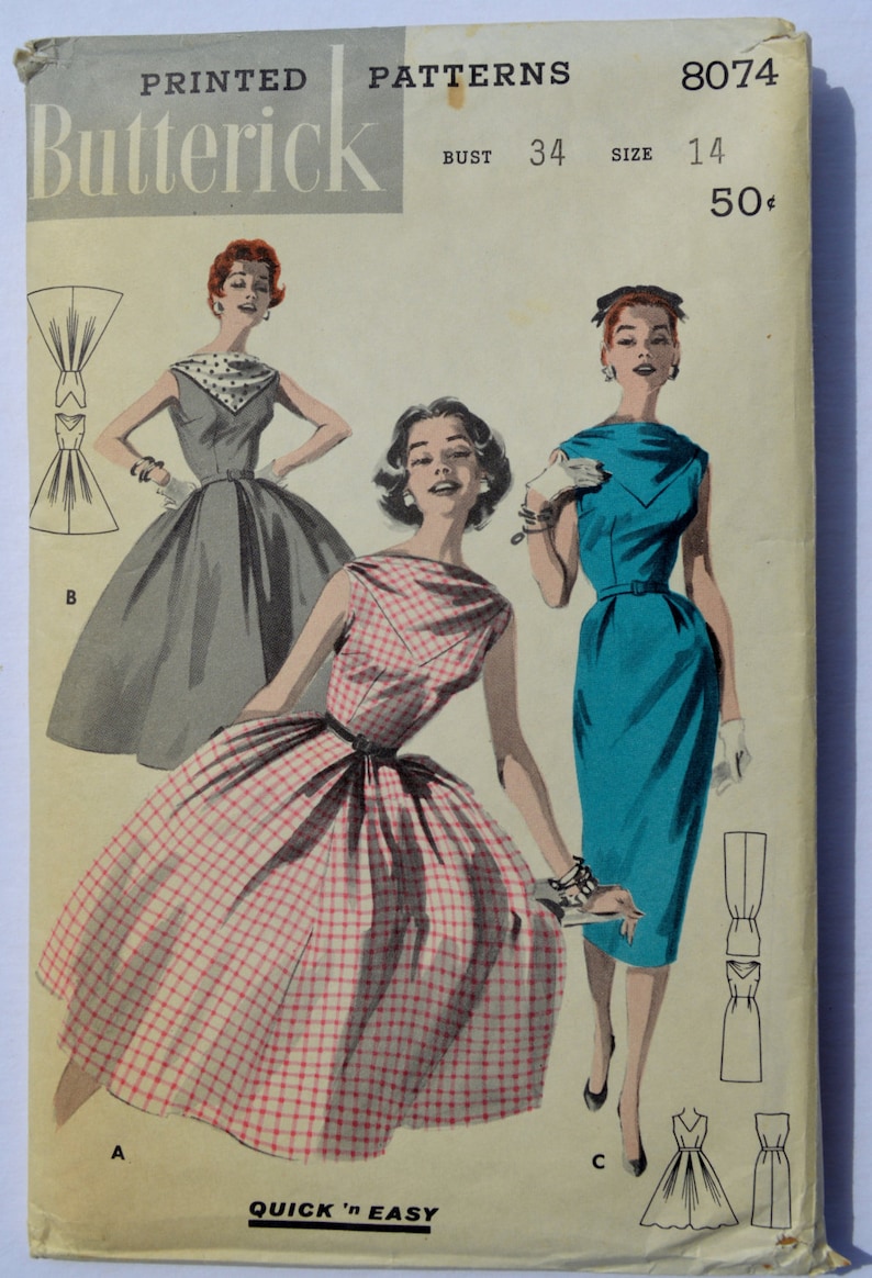 Vintage Butterick 8074 Sewing Pattern 1950's Dress Etsy