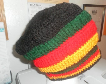 Rastafarian One - Hand Crocheted Beanie - 10 1/2 inches deep, 10 inches wide