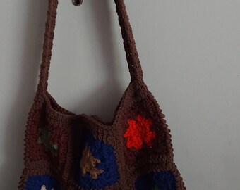 Dark Almond Granny - hand crocheted, 2 faced design, 17 x 17 inches, crossbody tote