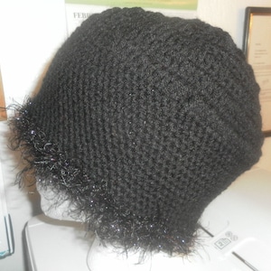 Onyx + Classy - Hand Crocheted Beanie with sparkling trim, 8 1/2 deep, 10 inches wide