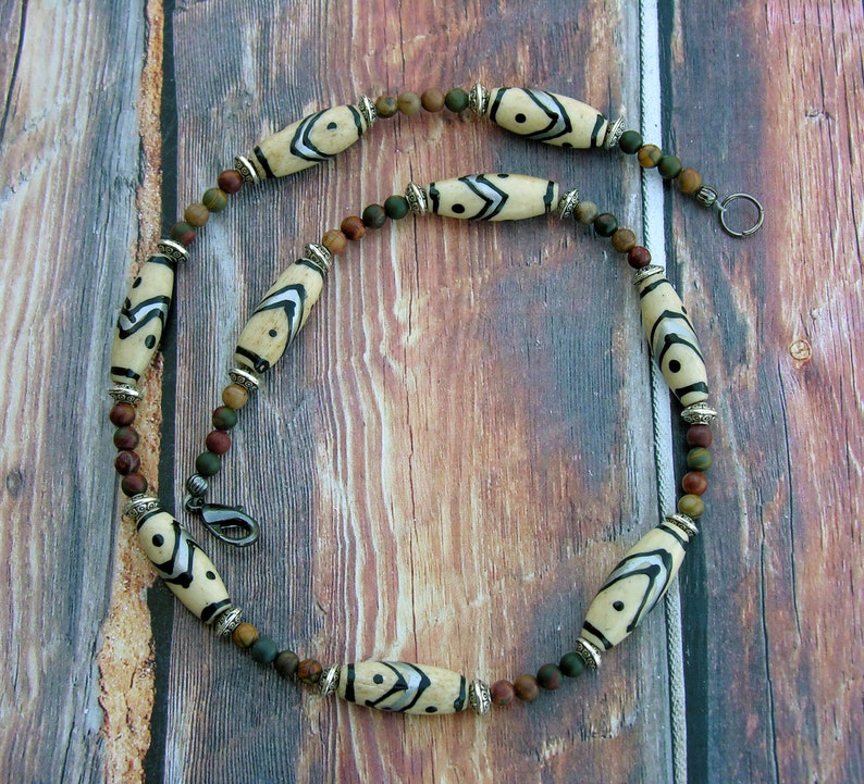 for men or women Carved Bone tube beads hand painted with small Picasso beads /& Sliver spacers. Southwest Ethnic Necklace Hand crafted