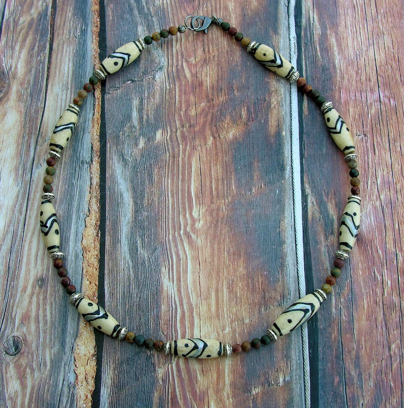 for men or women Carved Bone tube beads hand painted with small Picasso beads /& Sliver spacers. Southwest  Ethnic Necklace  Hand crafted