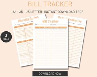 Bill Tracker Printable, Daily Spending Log, Monthly Budget, Monthly Bill Payment Tracker Planner, PDF A4, A5, US Letter,