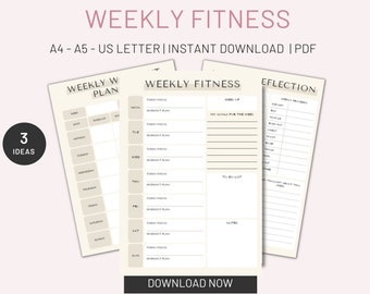 Wöchentlicher Fitness-Planer zum Ausdrucken, wöchentliche Reflexion, wöchentlicher Workout-Planer-Einsatz, Fitness-Planer-Einsätze, Sofortiger Download, PDF