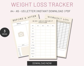 Weight Loss Tracker Printable, Body Measurement Tracker, Weight Loss Log, Before and After Comparison, Weight Loss Planner Inserts, PDF