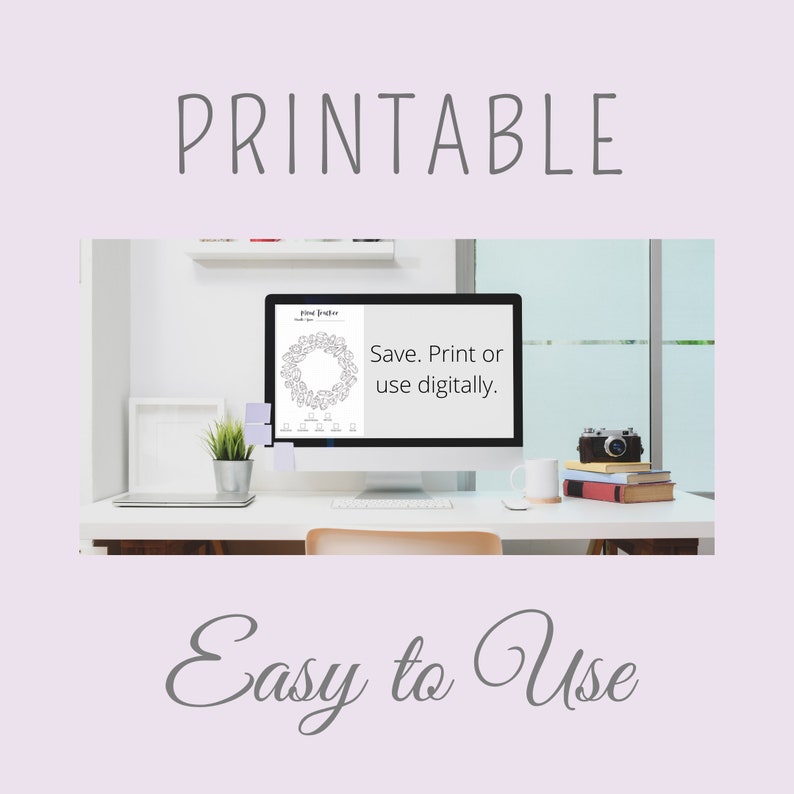 K&ouml;nnte beinhalten: Ein Computerbildschirm zeigt eine druckbare Girlande mit dem Text "Save. Print or use digitally." Der Bildschirm steht auf einem wei&szlig;en Schreibtisch mit einer Topfpflanze, einer Tasse und einem Stapel B&uuml;chern.