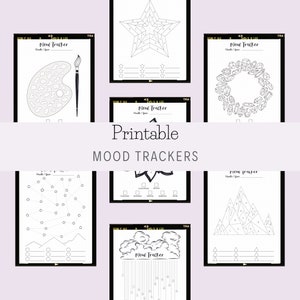K&ouml;nnte beinhalten: Druckbare Stimmungs-Tracker mit verschiedenen Designs, darunter eine Farbpalette, ein Stern, eine Bergkette, eine Wolke mit Regentropfen, ein Kranz aus Kristallen und ein Quadratgitter. Jeder Tracker tr&auml;gt den Titel "Mood Tracker".