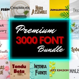 Peut inclure: Un collage de carrés colorés avec différents noms de polices affichés dans une variété de styles. Le texte "Premium 3000 Font Bundle" est affiché en grandes lettres rouges au centre de l'image.