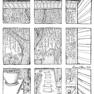 Puede incluir: Dibujo a tinta en blanco y negro de una escena de jardín, dividido en nueve paneles rectangulares. Los paneles representan vistas de un porche, árboles, un camino de piedra y plantas colgantes. Firmado "Daniel Pham '20".