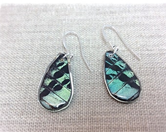 Real Butterfly Jewelry, Real Butterfly Earrings, butterfly wings, butterfly, hand cut wing earrings; TEARDROP; Iridescent, Sunset moth