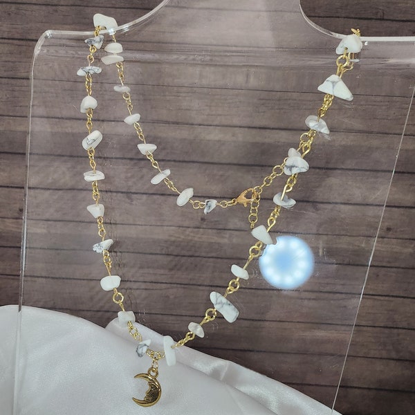 Mystic Moonlight: Gold Howlite Chip Necklace with Crescent Charm