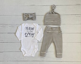 Gender neutral baby outfit, gender neutral newborn outfit, gender neutral hospital outfit, gender neutral baby gift, new to the crew outfit