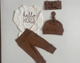 Brown hello world coming home newborn outfit, baby announcement, baby shower gift, neutral earth tone outfit, hospital take home