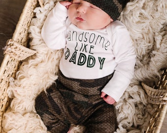 Newborn boy hunting coming home outfit, hospital outfit, baby shower gift boy, newborn boy gift, camo newborn boy outfit, camo waffle knit