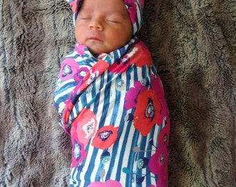 Baby swaddle / floral swaddle / newborn swaddle blanket / girl swaddle / swaddle set / headband OR beanie / poppy swaddle / girl swaddle