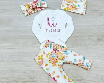 Personalized baby girl coming home outfit, floral baby girl outfit, baby announcement outfit,  newborn picture outfit, baby shower gift