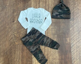 Little brother outfit, newborn camo hunting coming home outfit, hospital outfit, baby shower gift boy, newborn boy gift, camo newborn boy