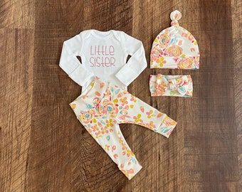 Little sister outfit, coming home outfit, baby girl little sister outfit, baby girl shower gift, little sister gift, floral baby gift