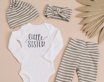 newborn little sister coming home outfit, baby girl little sister outfit, baby girl shower gift, gray and cream stripe neutral outfit,